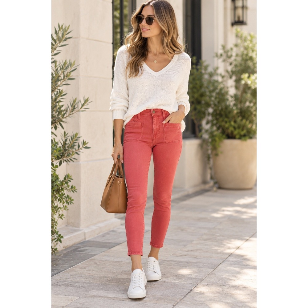 FRAME Le Bardot High Rise Skinny Ankle Jeans Cherry Red Size 28 Patch Pocket